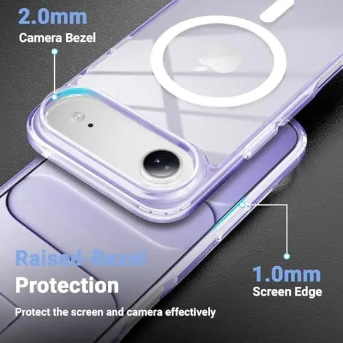 Temdan iPhone Air Case Clear uchun ekran himoyachisi bilan, Magsafe bilan mos, sarg'ayishga qarshi, harbiy darajadagi himoya, zarbga chidamli ingichka magnit telefon qopqog'i, binafsha - 6