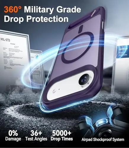 Temdan iPhone Air Case uchun mo'ljallangan, [O'rnatilgan Ko'rinmas Tirgak][MagSafe bilan mos][Harbiy Standartga muvofiq Zarbadan himoya] Yupqa Yarim Shaffof Mat Telefon G'ilofi 6.5 dyuym (Binafsha) - 5