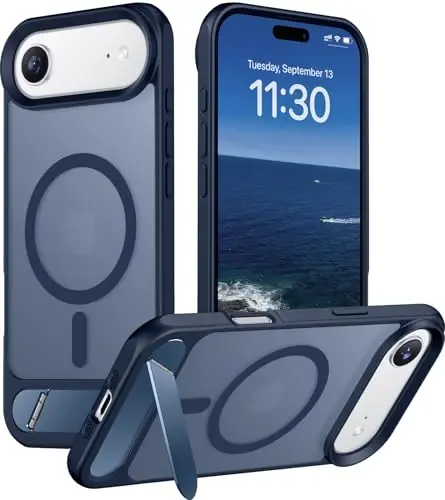 Temdan Designed for iPhone Air Case, [Built-in Invisible Kickstand][Compatible with MagSafe][Military Grade Shockproof] Slim Translucent Matte Phone Case for iPhone 17 Air 6.5 inch(Blue) - TEMDAN