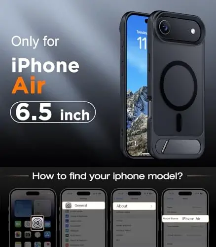 Temdan Designed for iPhone Air Case, [Built-in Invisible Kickstand][Compatible with MagSafe][Military Grade Shockproof] Slim Translucent Matte Phone Case for iPhone 17 Air 6.5 inch (Black) - 2