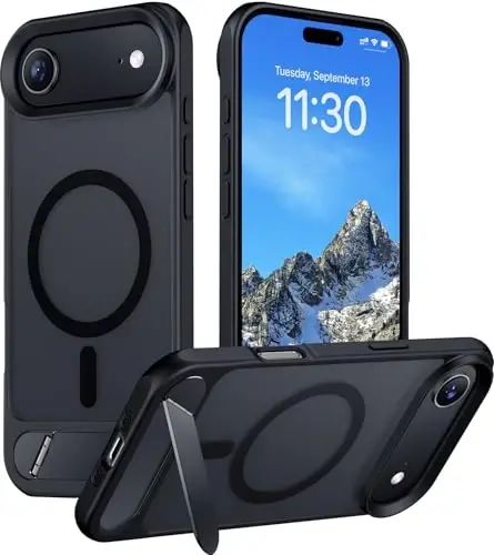 Temdan Designed for iPhone Air Case, [Built-in Invisible Kickstand][Compatible with MagSafe][Military Grade Shockproof] Slim Translucent Matte Phone Case for iPhone 17 Air 6.5 inch (Black) - 1
