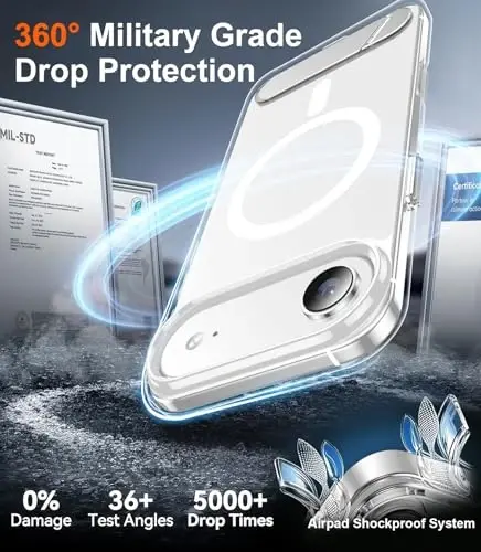 Temdan iPhone Air uchun mo'ljallangan g'ilof, [O'rnatilgan ko'rinmas tirgak][MagSafe bilan mos][Harbiy darajadagi zarbga chidamli] Yupqa ingichka telefon g'ilofi 6,5 dyuym (Shaffof) - 5