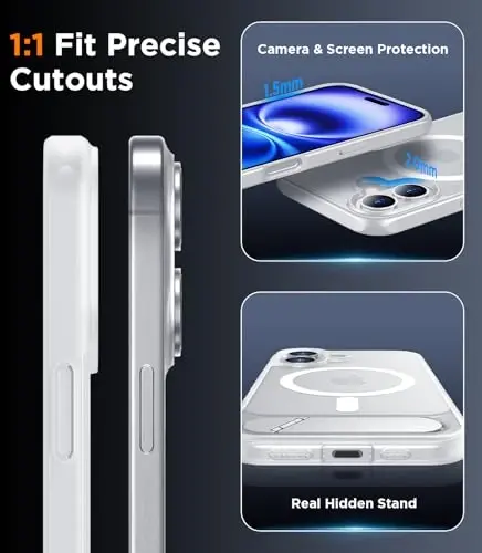 Temdan Magnetic Compatible with iPhone 16 Case, [Built-in Invisible Kickstand][Compatible with MagSafe] [Military Grade Shockproof] Slim Translucent Matte Phone Case for iPhone 16 6.1