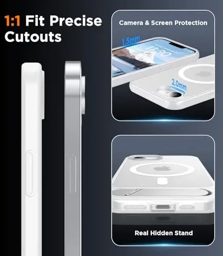 Temdan Magnetic Compatible with iPhone 16E Case, [Built-in Invisible Kickstand][Compatible with MagSafe][Military Grade Shockproof] Slim Translucent Matte Case for iPhone 16E 6.1