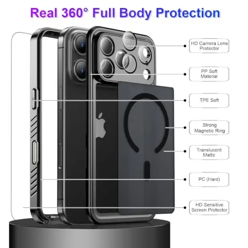 Temdan Magnetic Compatible with iPhone 17 Pro Case,Waterproof Built-in Screen & Camera Protector IP68 Underwater Full Body Military Dropproof Translucent Matte Phone Case 6.3