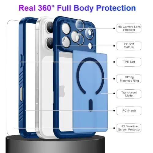 Temdan Magnetic Compatible with iPhone 17 Pro Case,Waterproof Built-in Screen & Camera Protector IP68 Underwater Full Body Military Dropproof Translucent Matte Phone Case 6.3