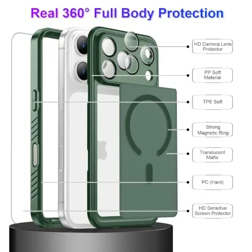 Temdan Magnetic Compatible with iPhone 17 Pro Case,Waterproof Built-in Screen & Camera Protector IP68 Underwater Full Body Military Dropproof Translucent Matte Phone Case 6.3