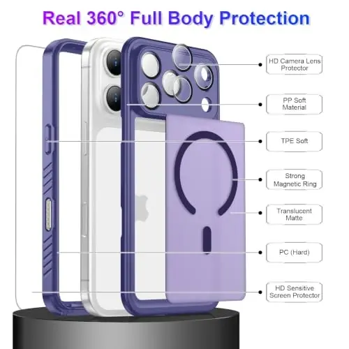 Temdan Magnetic Compatible with iPhone 17 Pro Case,Waterproof Built-in Screen & Camera Protector IP68 Underwater Full Body Military Dropproof Translucent Matte Phone Case 6.3