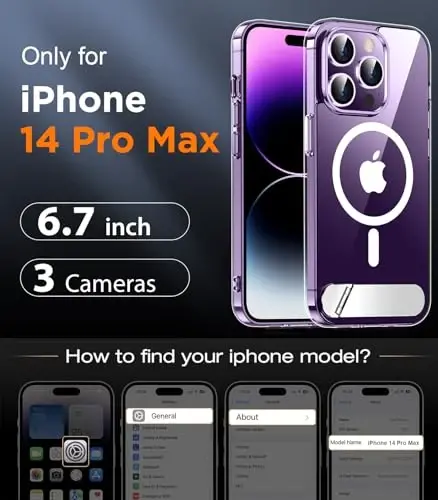 Temdan Magnetic for iPhone 14 Pro Max Case Clear, [Oʻrnatilgan yashirin tayanch] [Magsafe bilan mos] [Sargʻaymaydi] [Harbiy darajadagi tushishdan himoya] Zarba oʻtkazmaydigan ingichka telefon qutisi 14 Pro Max 6.7