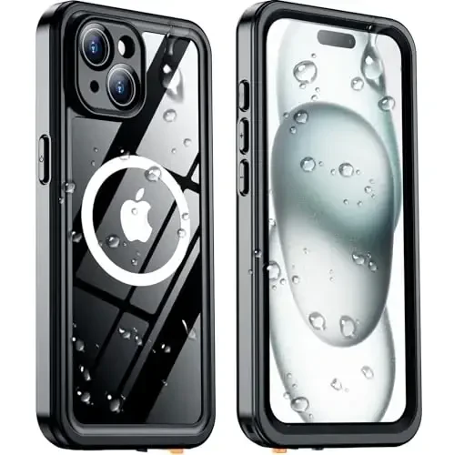 Temdan Magnetic for iPhone 15 Case Waterproof, [Built-in Screen Protector][IP68 Underwater][15FT Military Dropproof][Dustproof][Real 360] Full Body Shockproof Protective Phone Case 6.1'' - Black/Clear 