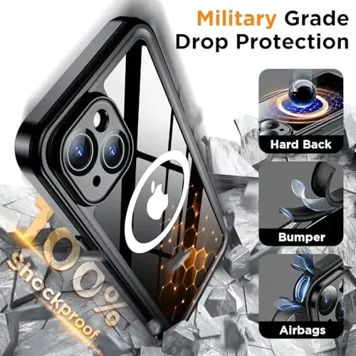 Temdan Magnetic for iPhone 15 Case Waterproof, [Built-in Screen Protector][IP68 Underwater][15FT Military Dropproof][Dustproof][Real 360] Full Body Shockproof Protective Phone Case 6.1'' - Black/Clear - 3