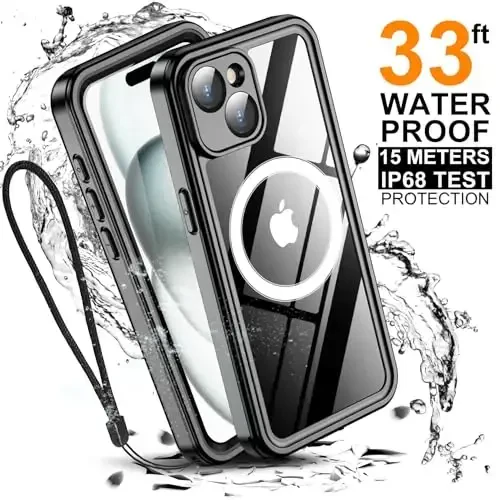 Temdan Magnetic for iPhone 15 Case Waterproof, [Built-in Screen Protector][IP68 Underwater][15FT Military Dropproof][Dustproof][Real 360] Full Body Shockproof Protective Phone Case 6.1'' - Black/Clear - 4