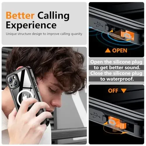 Temdan Magnetic for iPhone 15 Case Waterproof, [Built-in Screen Protector][IP68 Underwater][15FT Military Dropproof][Dustproof][Real 360] Full Body Shockproof Protective Phone Case 6.1'' - Black/Clear - 6