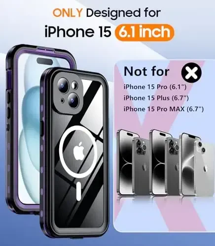 Temdan Magnetic for iPhone 15 Case Waterproof,Built-in Screen Protector[IP68 Underwater][Upgrade Military Dropproof][Compatible with MagSafe] Full Body Shockproof Translucent Case 6.1''-Purple - TEMDAN (1)