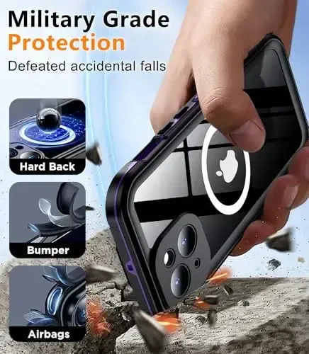 Temdan Magnetic for iPhone 15 Case Waterproof,Built-in Screen Protector[IP68 Underwater][Upgrade Military Dropproof][Compatible with MagSafe] Full Body Shockproof Translucent Case 6.1''-Purple - 3