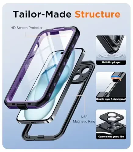 Temdan Magnetic for iPhone 15 Case Waterproof,Built-in Screen Protector[IP68 Underwater][Upgrade Military Dropproof][Compatible with MagSafe] Full Body Shockproof Translucent Case 6.1''-Purple - 5