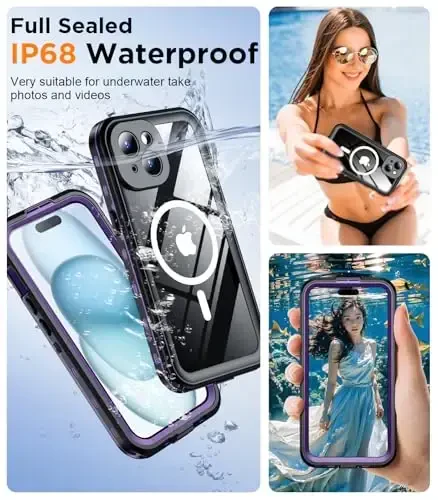 Temdan Magnetic for iPhone 15 Case Waterproof,Built-in Screen Protector[IP68 Underwater][Upgrade Military Dropproof][Compatible with MagSafe] Full Body Shockproof Translucent Case 6.1''-Purple - 6