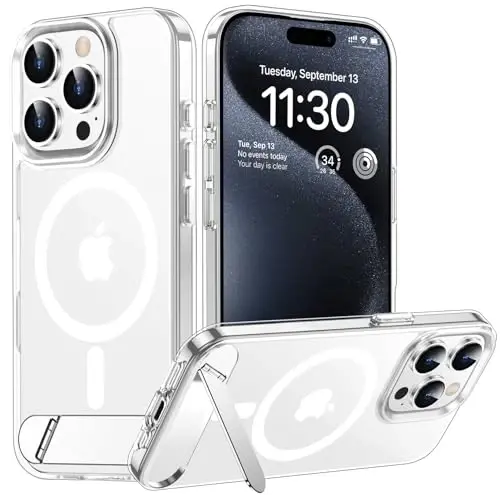 Temdan Magnetic for iPhone 15 Pro Max Case Clear, [Built in Hidden Kickstand] [Magsafe bilan mos] [Sarg'aymaydi] [Harbiy darajadagi zarbadan himoya] Zarba o'tkazmaydigan ingichka telefon qutisi 15 Pro Max 6.7
