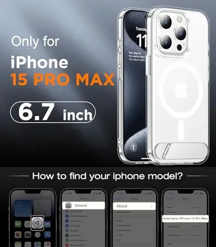 Temdan Magnetic for iPhone 15 Pro Max Case Clear, [Built in Hidden Kickstand] [Magsafe bilan mos] [Sarg'aymaydi] [Harbiy darajadagi zarbadan himoya] Zarba o'tkazmaydigan ingichka telefon qutisi 15 Pro Max 6.7