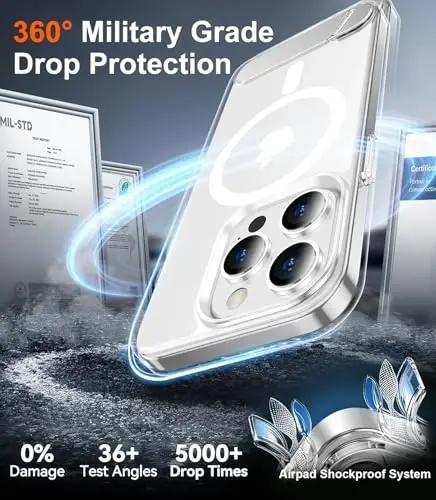 Temdan Magnetic for iPhone 15 Pro Max Case Clear, [Built in Hidden Kickstand] [Magsafe bilan mos] [Sarg'aymaydi] [Harbiy darajadagi zarbadan himoya] Zarba o'tkazmaydigan ingichka telefon qutisi 15 Pro Max 6.7