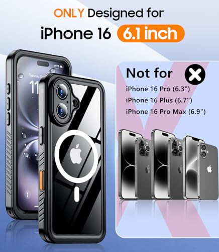 Temdan Magnetic for iPhone 16 Case Waterproof,Built-in Screen Protector[IP68 Underwater][Upgrade Military Dropproof][Compatible with MagSafe] Full Body Shockproof for Phone Case 6.1''- Black - 2