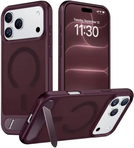 Temdan Magnetic for iPhone 18 Pro Case/iPhone 17 Pro Case Stand Dark Cherry | Built-in Invisible Kickstand, Compatible with MagSafe, Military Grade Shockproof, Slim Translucent Matte Phone Case 6.3
