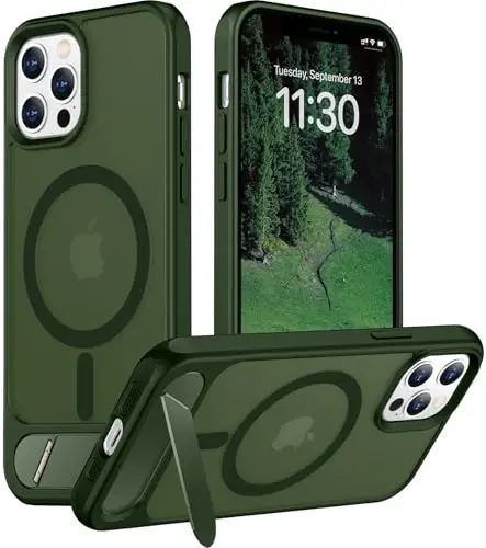 Temdan Magnetic iPhone 12 va iPhone 12 Pro uchun g'ilof, [O'rnatilgan Yashiirin Tirgak][MagSafe bilan mos][Harbiy Standart Zarba o'tkazmasligi] Yupqa Yarim Shaffof Mat G'ilof 6.1