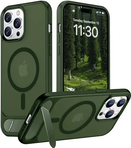 Temdan Magnetic iPhone 14 Pro uchun mos keladigan g'ilof, [O'rnatilgan ko'rinmas tirgak] [MagSafe bilan mos] [Harbiy standartga mos zarbaga chidamli] Yupqa yarim shaffof mat g'ilof iPhone 14 Pro 6.1