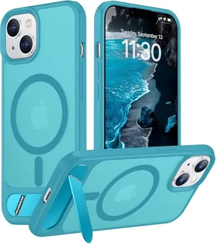 Temdan Magnetic iPhone 14/iPhone 13 gʻilofi bilan mos, [Oʻrnatilgan koʻrinmas tirgak] [MagSafe bilan mos] [Harbiy darajadagi zarbga chidamli] Yaxlit yarim shaffof matli telefon gʻilofi iPhone 14/13 6.1