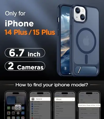 Temdan Magnetic iPhone 15 Plus Case & iPhone 14 Plus Case bilan mos, [Oʻrnatilgan koʻrinmas tirgak][MagSafe bilan mos][Harbiy darajadagi zarbga chidamli] Yupqa yarim shaffof matli telefon qutisi 6.7
