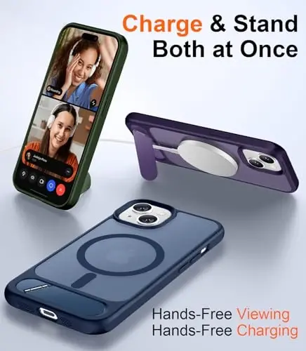 Temdan Magnetic iPhone 15 Plus Case & iPhone 14 Plus Case bilan mos, [Oʻrnatilgan koʻrinmas tirgak][MagSafe bilan mos][Harbiy darajadagi zarbga chidamli] Yupqa yarim shaffof matli telefon qutisi 6.7