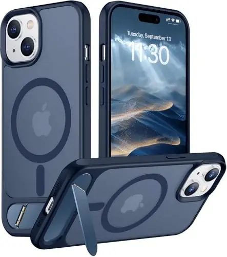 Temdan Magnetic iPhone 15 Plus Case & iPhone 14 Plus Case bilan mos, [Oʻrnatilgan koʻrinmas tirgak][MagSafe bilan mos][Harbiy darajadagi zarbga chidamli] Yupqa yarim shaffof matli telefon qutisi 6.7
