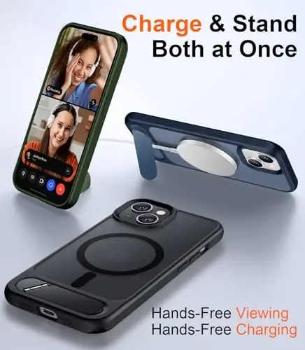 Temdan Magnetic iPhone 15 Plus va iPhone 14 Plus g'ilofi bilan mos, [O'rnatilgan ko'rinmas tirgak][MagSafe bilan mos][Harbiy darajadagi zarbaga chidamli] Yupqa yarim shaffof matli telefon g'ilofi 6,7