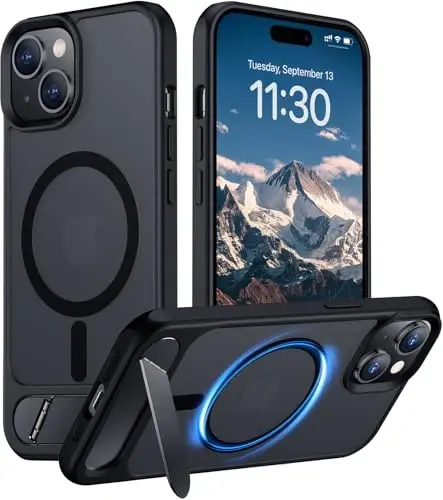 Temdan Magnetic iPhone 15 Plus va iPhone 14 Plus g'ilofi bilan mos, [O'rnatilgan ko'rinmas tirgak][MagSafe bilan mos][Harbiy darajadagi zarbaga chidamli] Yupqa yarim shaffof matli telefon g'ilofi 6,7