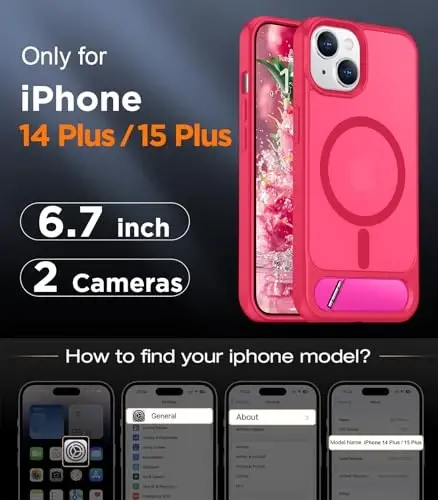 Temdan Magnetic iPhone 15 Plus va iPhone 14 Plus uchun mos keladigan g'ilof, [O'rnatilgan ko'rinmas tirgak][MagSafe bilan mos][Harbiy darajadagi zarbga chidamli] Yupqa yarim shaffof matli telefon g'ilofi 6,7