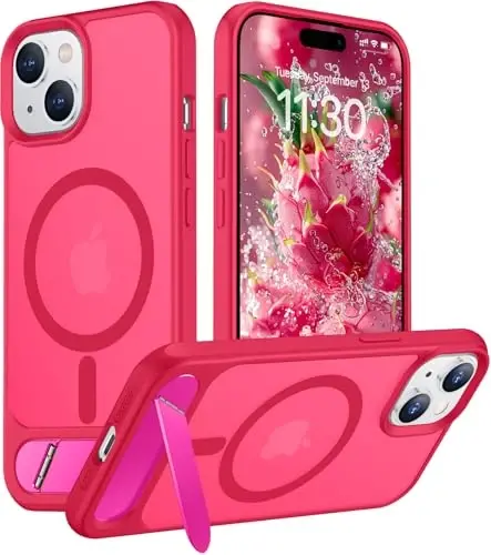 Temdan Magnetic iPhone 15 Plus va iPhone 14 Plus uchun mos keladigan g'ilof, [O'rnatilgan ko'rinmas tirgak][MagSafe bilan mos][Harbiy darajadagi zarbga chidamli] Yupqa yarim shaffof matli telefon g'ilofi 6,7