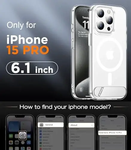Temdan Magnetic iPhone 15 Pro g'ilofi bilan mos, [O'rnatilgan ko'rinmas tirgak] [MagSafe bilan mos] [Harbiy darajadagi zarbga chidamli] iPhone 15 Pro 6.1