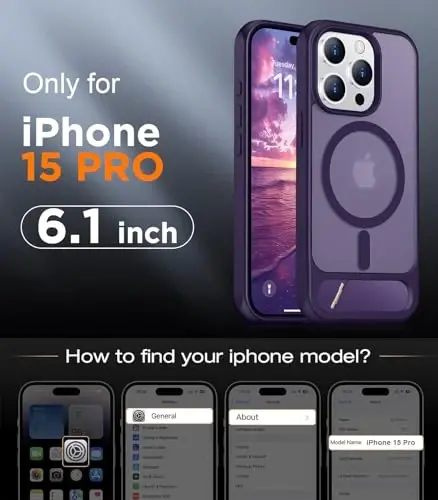 Temdan Magnetic iPhone 15 Pro g'ilofi bilan mos, [O'rnatilgan ko'rinmas tirgak] [MagSafe bilan mos] [Harbiy darajadagi zarbga chidamli] Yengil yarim shaffof matli telefon g'ilofi iPhone 15 Pro 6.1