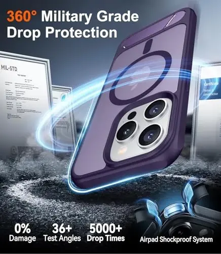 Temdan Magnetic iPhone 15 Pro g'ilofi bilan mos, [O'rnatilgan ko'rinmas tirgak] [MagSafe bilan mos] [Harbiy darajadagi zarbga chidamli] Yengil yarim shaffof matli telefon g'ilofi iPhone 15 Pro 6.1