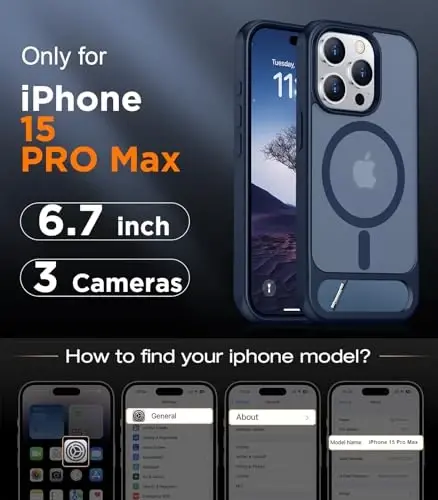 Temdan Magnetic iPhone 15 Pro Max bilan mos keladi, [O'rnatilgan ko'rinmas tirgak] [MagSafe bilan mos] [Harbiy standartda zarbga chidamli] Yengil yarim shaffof matli telefon qutisi iPhone 15 Pro Max 6.7