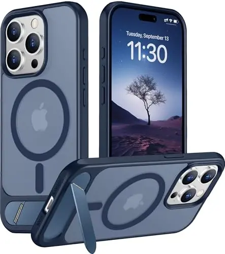 Temdan Magnetic iPhone 15 Pro Max bilan mos keladi, [O'rnatilgan ko'rinmas tirgak] [MagSafe bilan mos] [Harbiy standartda zarbga chidamli] Yengil yarim shaffof matli telefon qutisi iPhone 15 Pro Max 6.7