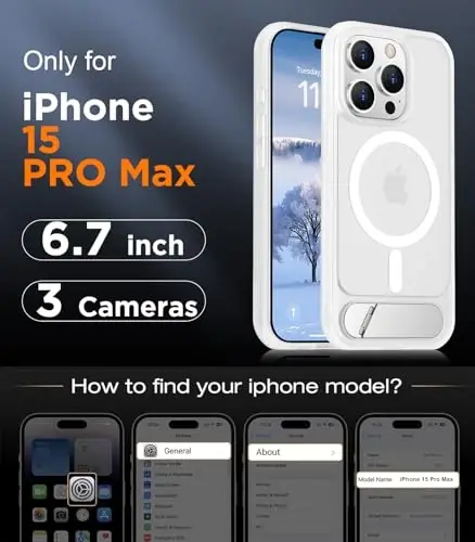 Temdan Magnetic iPhone 15 Pro Max bilan mos keladi, [Oʻrnatilgan koʻrinmas tirgak][MagSafe bilan mos keladi][Harbiy darajadagi zarbga chidamli] Yupqa yarim shaffof matli telefon gʻilofi iPhone 15 Pro Max 6.7