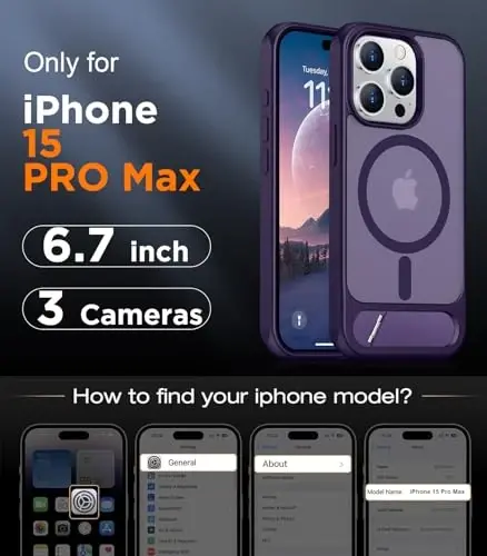 Temdan Magnetic iPhone 15 Pro Max Case bilan mos, [O'rnatilgan ko'rinmas tirgak] [MagSafe bilan mos] [Harbiy darajadagi zarbga chidamli] iPhone 15 Pro Max 6.7
