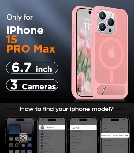 Temdan Magnetic iPhone 15 Pro Max Case bilan mos, [O'rnatilgan ko'rinmas tirgak][MagSafe bilan mos][Harbiy darajadagi zarbga chidamli] iPhone 15 Pro Max 6.7
