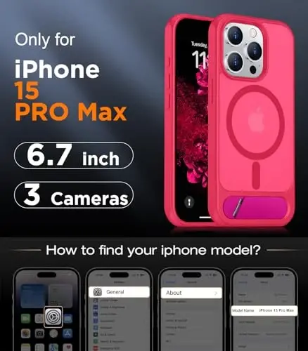 Temdan Magnetic iPhone 15 Pro Max uchun g‘ilof, [O‘rnatilgan ko‘rinmas tirgak][MagSafe bilan mos][Harbiy darajadagi zarbga chidamli] Yupqa yarim shaffof matli telefon g‘ilofi iPhone 15 Pro Max 6.7