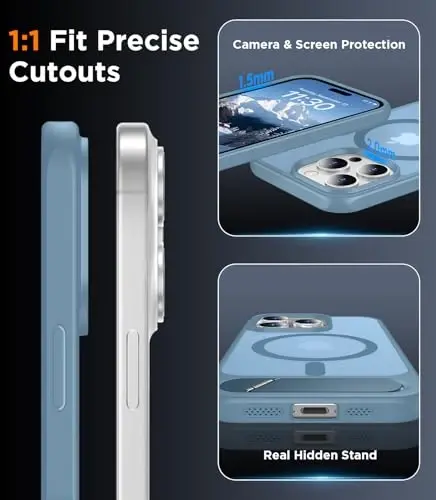 Temdan Magnetic iPhone 15 Pro Max uchun g'ilof, [O'rnatilgan ko'rinmas tirgak][MagSafe bilan mos][Harbiy darajadagi zarbga chidamli] Yupqa yarim shaffof matli telefon g'ilofi iPhone 15 Pro Max 6.7