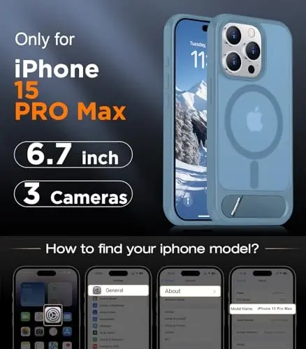 Temdan Magnetic iPhone 15 Pro Max uchun g'ilof, [O'rnatilgan ko'rinmas tirgak][MagSafe bilan mos][Harbiy darajadagi zarbga chidamli] Yupqa yarim shaffof matli telefon g'ilofi iPhone 15 Pro Max 6.7