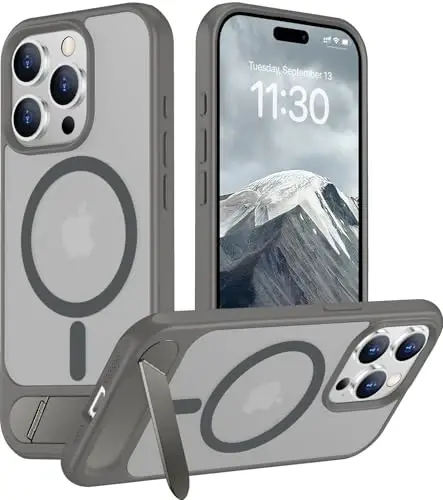 Temdan Magnetic iPhone 15 Pro Max uchun mos keladigan g'ilof, [O'rnatilgan ko'rinmas tirgak] [MagSafe bilan mos] [Harbiy darajadagi zarbaga chidamli] Yupqa yarim shaffof matli telefon g'ilofi iPhone 15 Pro Max 6.7