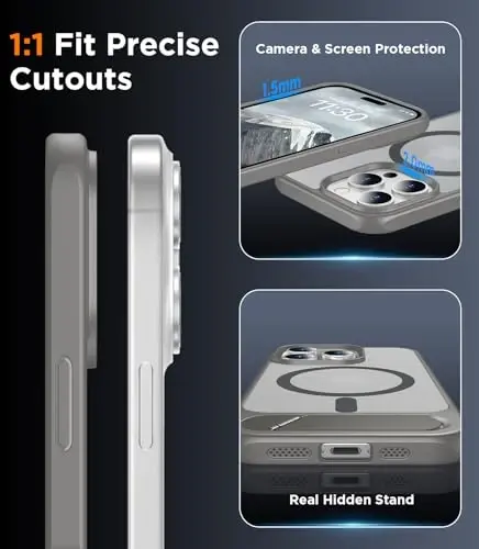 Temdan Magnetic iPhone 15 Pro Max uchun mos keladigan g'ilof, [O'rnatilgan ko'rinmas tirgak] [MagSafe bilan mos] [Harbiy darajadagi zarbaga chidamli] Yupqa yarim shaffof matli telefon g'ilofi iPhone 15 Pro Max 6.7