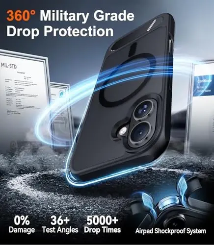 Temdan Magnetic iPhone 16 Case bilan mos, [Oʻrnatilgan koʻrinmas tirgak] [MagSafe bilan mos] [Harbiy darajadagi zarbga chidamli] iPhone 16 6.1